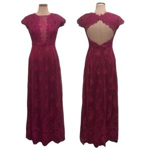 Monique Lhullier Raspberry Romance Maxi Dress Size 4 Dark Pink Red Floral Lace